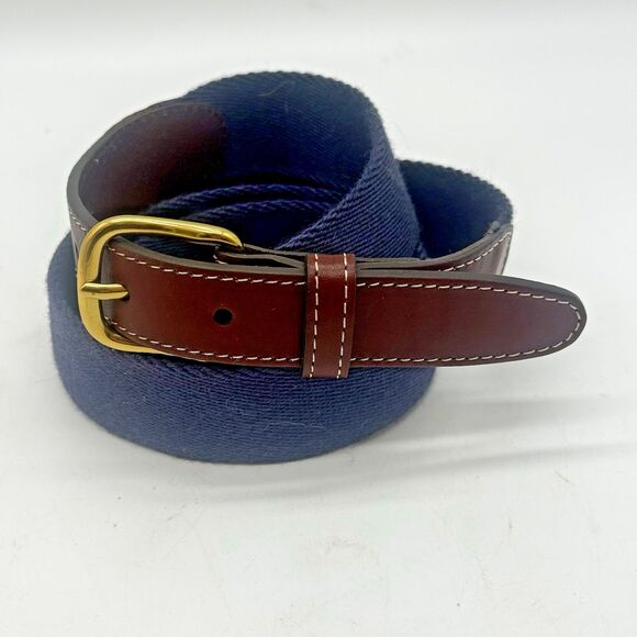 Lands' End Other - Lands' End Wool Blend Web Belt Men's 44 Navy Blue Brass Buckle Leather Trim 1.25